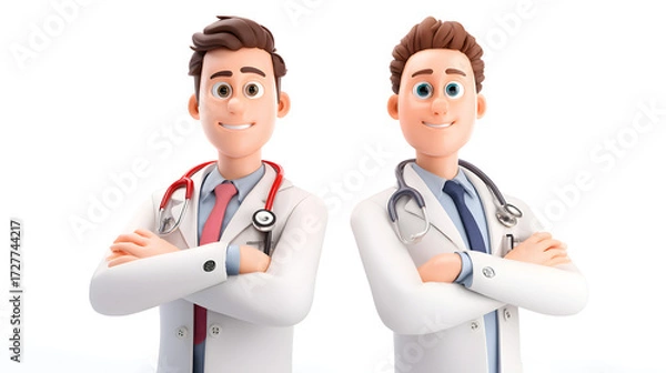 Fototapeta Two animated male doctors smiling confidently, wearing white lab coats and stethoscopes, showcasing a friendly healthcare vibe.