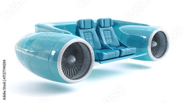 Fototapeta Futuristic blue vehicle design featuring two plush seats with jet engines, showcasing innovative transportation concepts.
