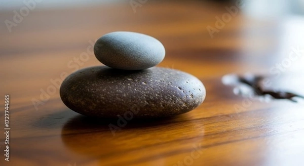 Fototapeta Balance and care: two smooth pebbles stacked gently on a wooden surface