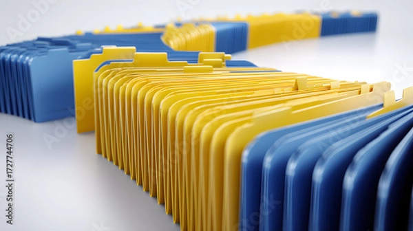 Fototapeta Close-up of vibrant blue and yellow file folders styled in an organized yet dynamic layout.