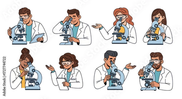 Fototapeta Scientists Using Microscopes in Laboratory Diverse Researchers in White Coats Scientific Research.