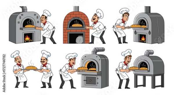 Fototapeta Cartoon Chefs Baking Bread in Various Ovens.