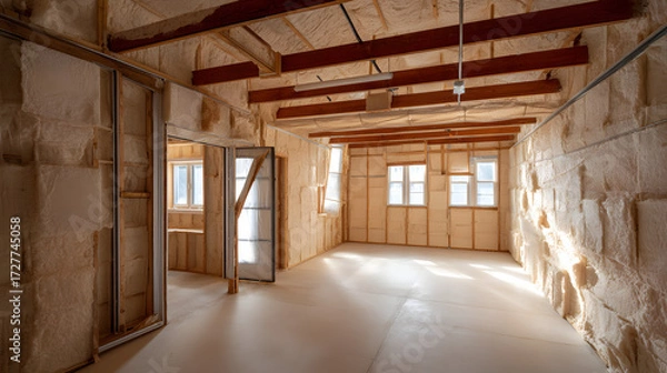 Fototapeta Spacious, unfinished room featuring wooden beams and insulated walls, inviting creativity in design.