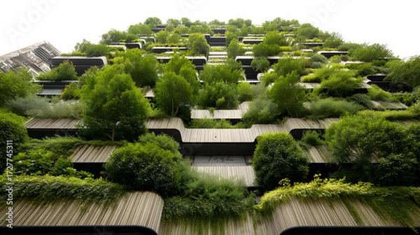 Fototapeta Lush greenery adorns the innovative facade of a modern architectural marvel, showcasing sustainable design principles.