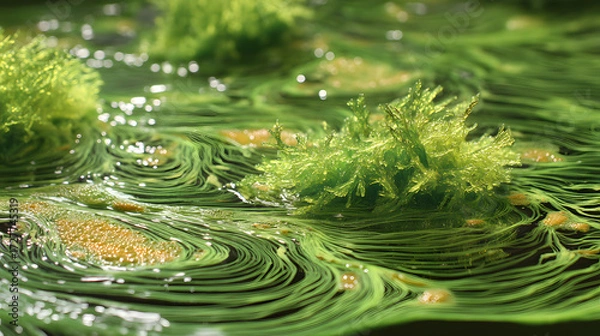 Fototapeta A vivid close-up of green algae thriving in a flowing water surface, showcasing intricate patterns and vibrant colors.