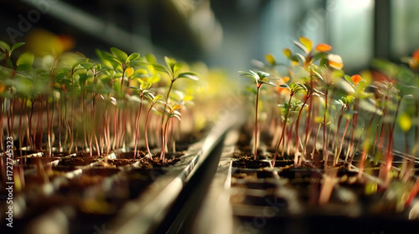 Fototapeta Lush green seedlings sprouting in a greenhouse, showcasing vibrant growth and nurturing environment.