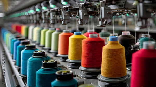 Fototapeta Colorful spools of thread arranged on a textile production line, showcasing vibrant hues and quality craftsmanship.
