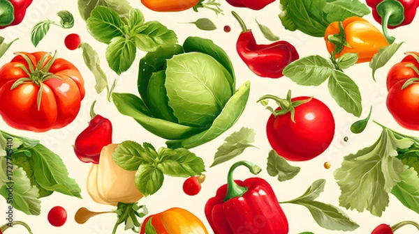 Fototapeta A vibrant arrangement of fresh vegetables including tomatoes, cabbages, and peppers in a colorful display.