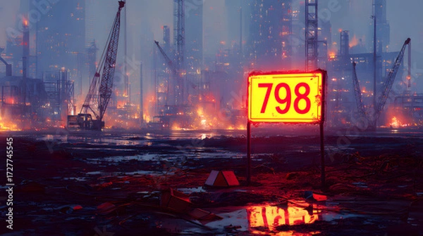 Fototapeta A striking image of a glowing red sign (798) in a desolate industrial landscape, hinting at a dystopian future.