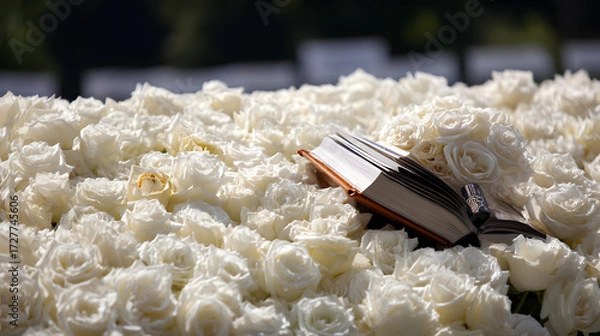 Fototapeta A serene arrangement of white roses with an open book, evoking a sense of tranquility and remembrance.