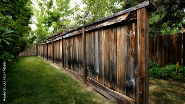 Fototapeta A weathered wooden fence surrounded by lush greenery in a tranquil backyard setting.