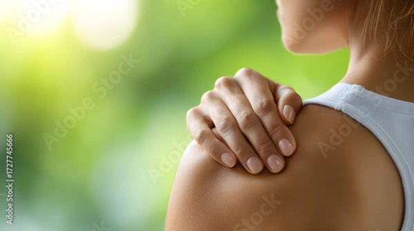 Fototapeta Close-up of a woman's shoulder and hand, showcasing soft skin against a blurred green background, exuding tranquility.
