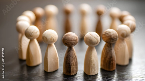 Fototapeta A circle of wooden figurines symbolizing unity, diversity, and collaboration.