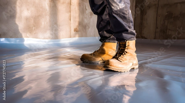 Fototapeta A worker's sturdy brown boots stand on a reflective plastic surface in a construction site.