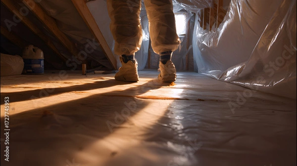Fototapeta A person in protective gear walks across a plastic-covered attic floor, with sunlight casting long shadows.