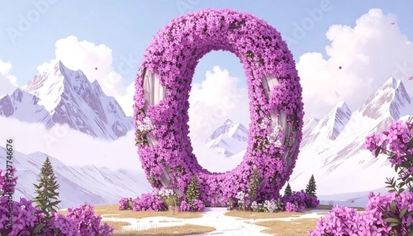 Fototapeta Flower-covered donut-shaped structure in a snowy mountain landscape under sunny sky