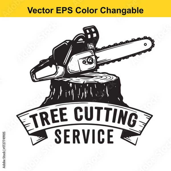 Fototapeta Vector art of chainsaw on tree stump for tree cutting service