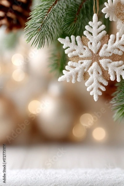Fototapeta White and gold glitter snowflake ornament hanging on pine branch, blurred golden lights, vertical Christmas decoration stock photo with copy space