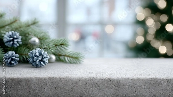 Fototapeta Blue spruce branches with frosted pine cones and silver baubles on grey stone surface, holiday background, horizontal stock photo with copy space