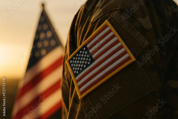 Fototapeta Happy Verterans Day close-up of US soldier patch on uniform with flag