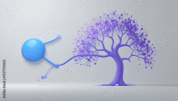 Fototapeta Abstract blue form connects to a tree with purple flowers against a plain background