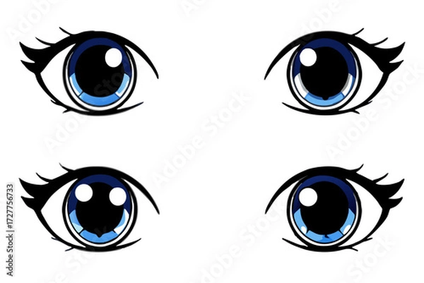 Fototapeta A cartoon vector eyes set for a woman's face illustration, with fashionable brown and blue iris, lash, and eyebrow design