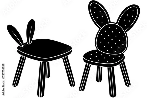Fototapeta A cute cartoon black bunny character with pink ears on a white background, perfect for a happy Easter vector illustration or a fun spring pet design