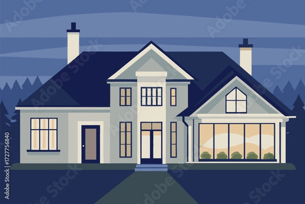 Fototapeta Vector illustration of a blue residential house exterior with a roof and windows, perfect for real estate and architecture projects