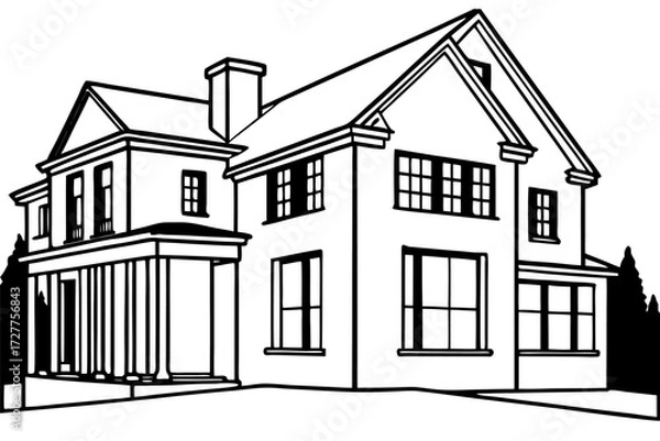 Fototapeta Architectural vector illustration set: sketch of a house, home, or building icon with roof, window, and door design elements for real estate and urban construction drawings