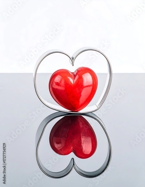 Obraz Red heart within silver heart shape, reflected