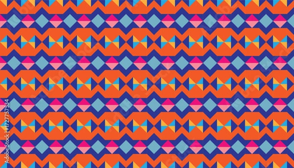 Obraz Colorful Geometric Seamless Pattern – Vibrant Abstract Diamond and Triangle Design. A seamless geometric pattern featuring bold orange, blue, pink, and purple tones. 