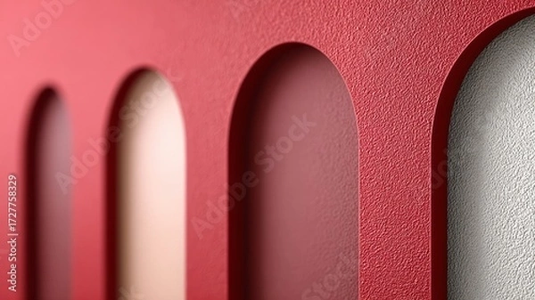 Fototapeta Bold red geometric arches with layered textured surface, abstract modern design, horizontal stock photo with copy space