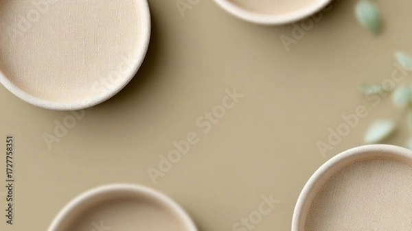 Fototapeta Beige round shapes with soft texture on neutral background, horizontal mock-up composition with copy space, minimalist style