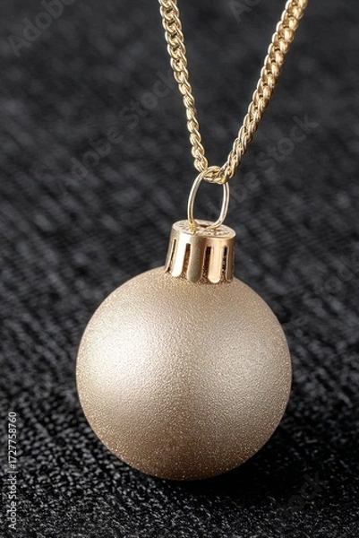 Fototapeta Close-up of a luxury matte gold Christmas bauble on a golden chain, elegant festive decoration with textured surface, minimal black background