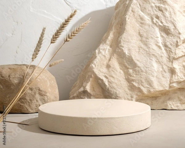 Fototapeta Neutral Product Display Podium with Natural Stone and Wheat Stalks for Presentation