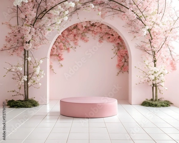 Fototapeta Elegant Pink Studio Backdrop with Floral Arch and Round Pedestal for Product Display