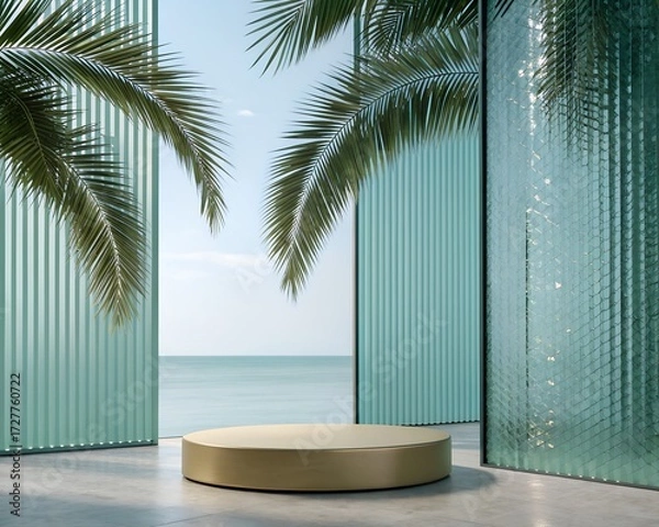 Fototapeta Minimalist Podium with Palm Trees and Ocean View for Product Presentation
