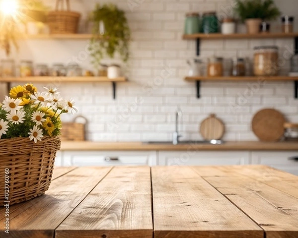 Fototapeta Rustic Kitchen with Wooden Table and Flower Basket in a Bright Sunny Setting