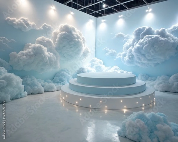 Fototapeta Dreamy Cloudscape Stage with Lit Platform for Product Display or Presentation