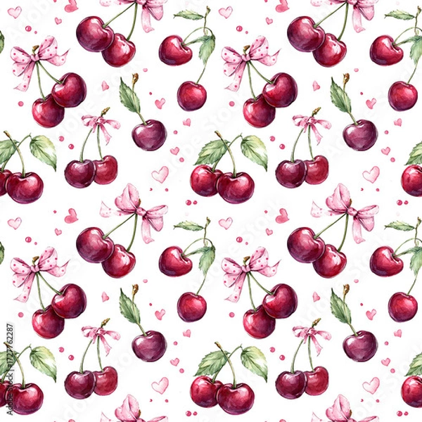 Fototapeta Colorful cherry seamless pattern with ribbons and hearts on a white background for decorative use