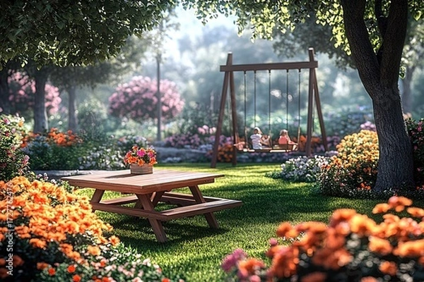 Fototapeta Vibrant summer garden scene with picnic table and children on swing
