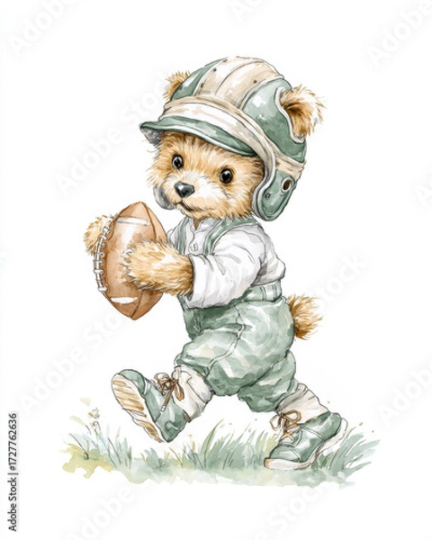 Fototapeta Illustration of a teddy bear playing football in early 20th-century gear with style and charm in a soft watercolor illustration