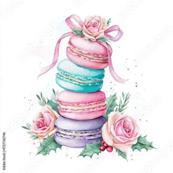 Fototapeta Illustration of stacked pastel macarons with roses in a whimsical, festive style