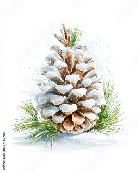 Fototapeta Detailed pinecone covered in soft white snow with green pine needles on a bright white background