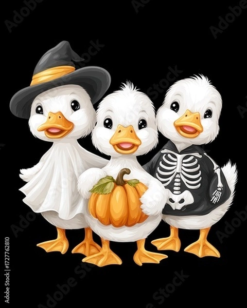 Fototapeta Three adorable ducks celebrate Halloween in cute costumes with a ghost, skeleton, and pumpkin on a dark background
