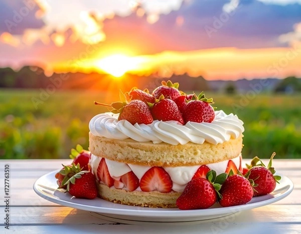 Obraz Strawberry cake at sunset