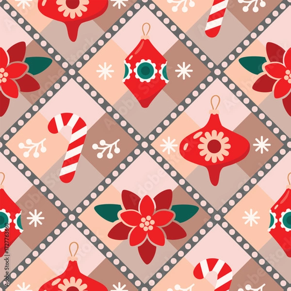 Fototapeta Christmas seamless pattern on geometric backdrop. Santa's stick, Christmas tree decorations, poinsettia. Red, blue, white colors. Diamonds, stripes, dots in beige. Vector design for winter holidays.