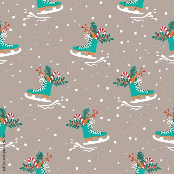 Fototapeta Christmas seamles pattern with skate boots and floral composition. Sprigs of red berries, pine branch with cone and candy cane. Cartoon objects on grey background with snowfall. Vector design.
