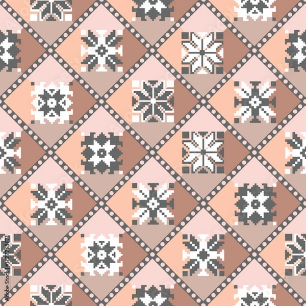 Fototapeta Geometric ethnic seamless pattern with square shapes ornaments in white and grey colors. Backdrop of diamonds, diagonal stripes with dots, in beige, brown, pink. Vector print on fabric and paper. 