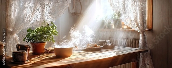Obraz Warm morning light streams onto a steaming bowl of food on a rustic wooden table